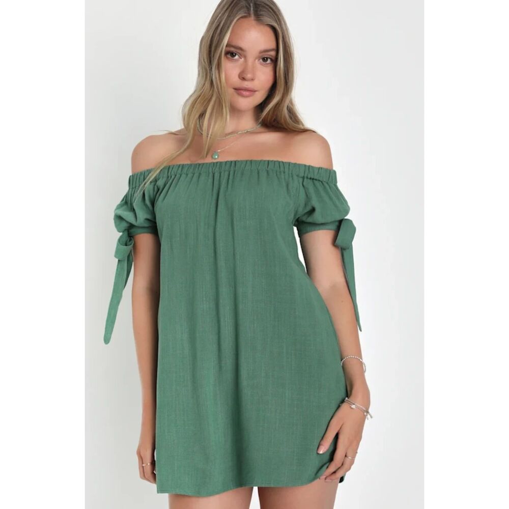 Lulus Al Fresco Evenings Olive Green Off-the-Shoulder Dress Mini Size Small